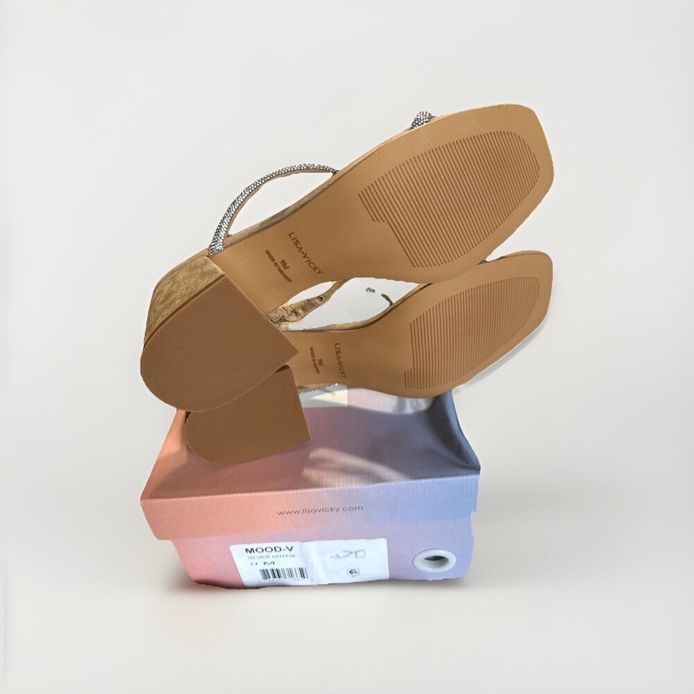 Lisa Vicky Mood Slide Sandals Pave Crystals Silver Hotfix Heels Tan Size 9 - Picture 8 of 9
